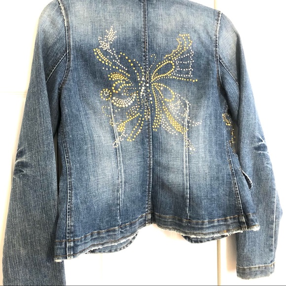 Blue Denim Distressed Gold Butterfly Jean Jacket by Marciano/Guess size Small - Picture 6 of 13